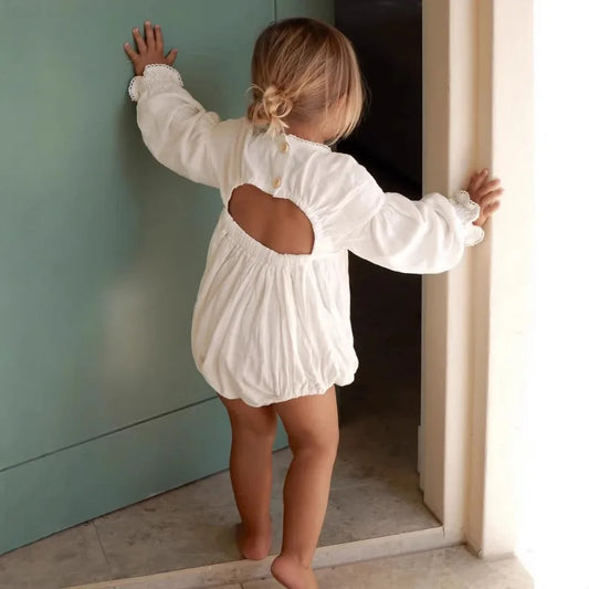 2025 Nordic Baby Spring and Autumn Cotton and Linen Hollow Out Backless V-neck Lace Jumpsuit Baby Clothes