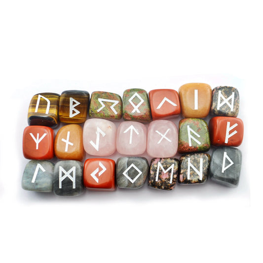25Pcs Ancient Mystery Runes Gemstone Ornaments Futhark Futhorc Symbol Raw Crystal Agate Quartz Reiki Energy Stone Jewelry Sets