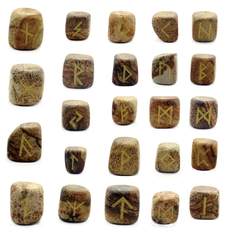 25Pcs Ancient Mystery Runes Gemstone Ornaments Futhark Futhorc Symbol Raw Crystal Agate Quartz Reiki Energy Stone Jewelry Sets