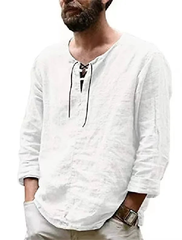spring 2023 New Men's Cotton Linen T shirt Male Solid Color V Neck bandage T shirts Casual Long Sleeves Linen tshirt Tops S-4XL