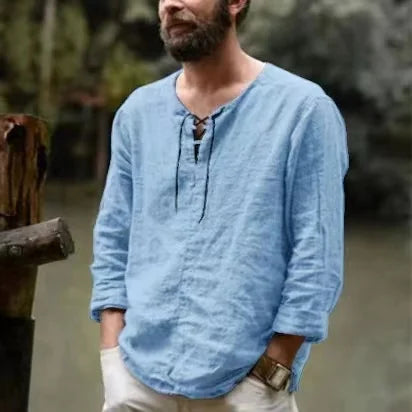 spring 2023 New Men's Cotton Linen T shirt Male Solid Color V Neck bandage T shirts Casual Long Sleeves Linen tshirt Tops S-4XL