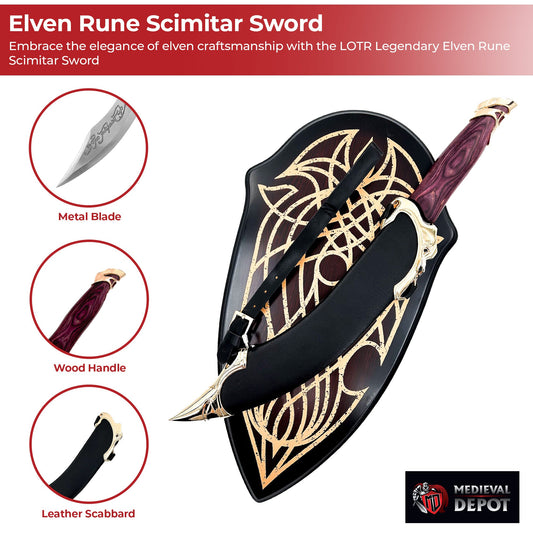 LOTR Legendary Elven Rune Scimitar Sword with Plaque