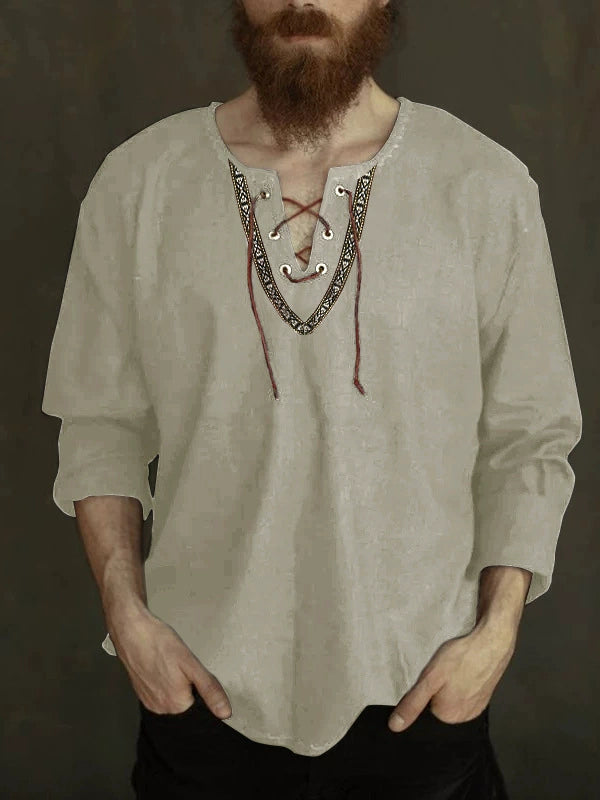 Lace up Casual Drawstring V Neck Medieval Long Sleeves T-shirt