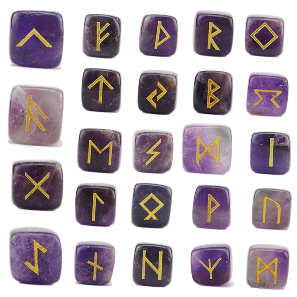 25Pcs Ancient Mystery Runes Gemstone Ornaments Futhark Futhorc Symbol Raw Crystal Agate Quartz Reiki Energy Stone Jewelry Sets