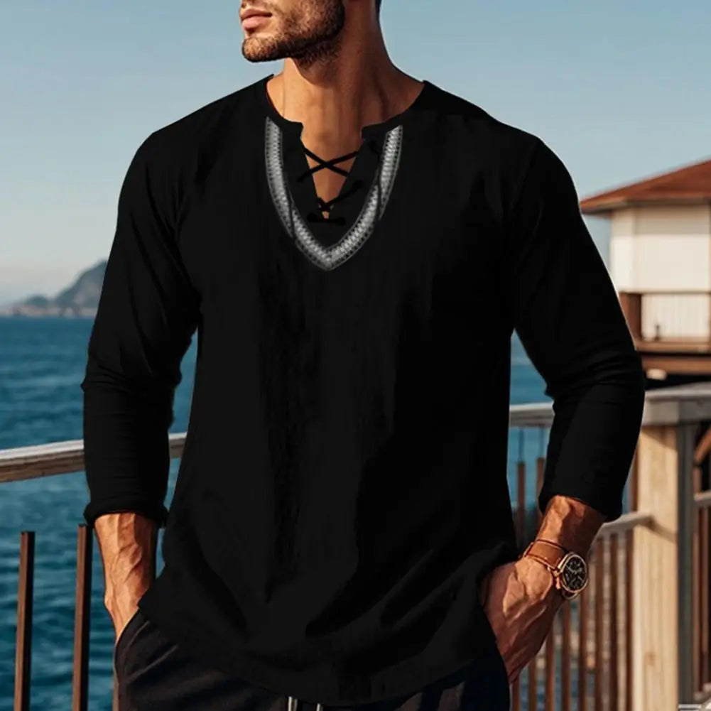 Men Causal Shirt Vintage Ethnic Boho Spring Lace-up V Neck Long Sleeves Shirt Fall Breathable Cotton Men Sweatshirt Retro Top