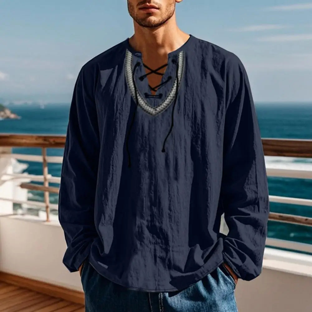 Men Causal Shirt Vintage Ethnic Boho Spring Lace-up V Neck Long Sleeves Shirt Fall Breathable Cotton Men Sweatshirt Retro Top