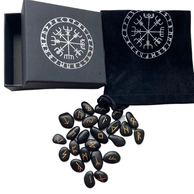 25pcs/set Engraved Riverstones Viking Rune Stones Set Carved Black Lettering runes Game Divination Astrology Altar Amulet Sign