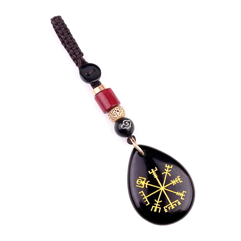 Natural Semi-precious Stone Amethyst Quartz Viking Rune Talsman Symbols Teardrop Pendant Car Keychain Bag Jewelry Accessories