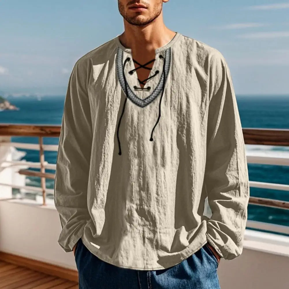 Men Causal Shirt Vintage Ethnic Boho Spring Lace-up V Neck Long Sleeves Shirt Fall Breathable Cotton Men Sweatshirt Retro Top