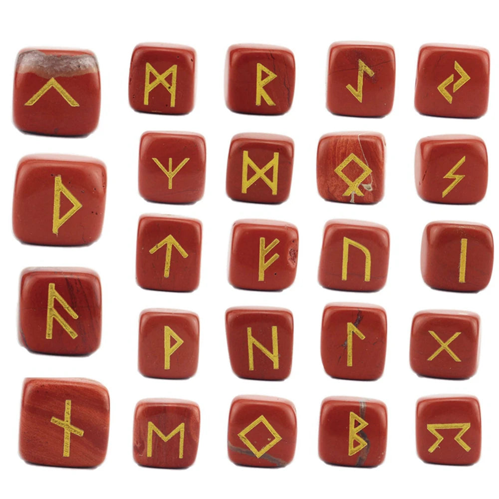 25Pcs Ancient Mystery Runes Gemstone Ornaments Futhark Futhorc Symbol Raw Crystal Agate Quartz Reiki Energy Stone Jewelry Sets