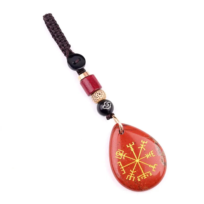 Natural Semi-precious Stone Amethyst Quartz Viking Rune Talsman Symbols Teardrop Pendant Car Keychain Bag Jewelry Accessories