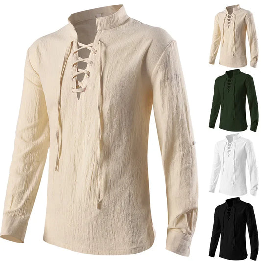 Mens White Pirate Medieval New Shirts Ruffle Steampunk Gothic Stand Collar Long Sleeve Shirt Men Renaissance Victorian Tops