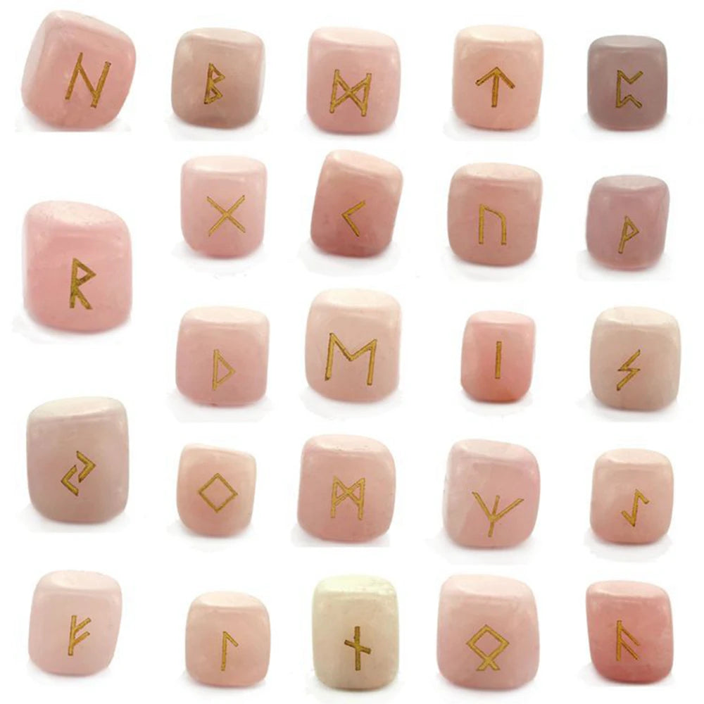 25Pcs Ancient Mystery Runes Gemstone Ornaments Futhark Futhorc Symbol Raw Crystal Agate Quartz Reiki Energy Stone Jewelry Sets
