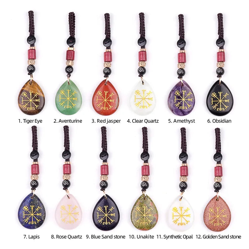 Natural Semi-precious Stone Amethyst Quartz Viking Rune Talsman Symbols Teardrop Pendant Car Keychain Bag Jewelry Accessories