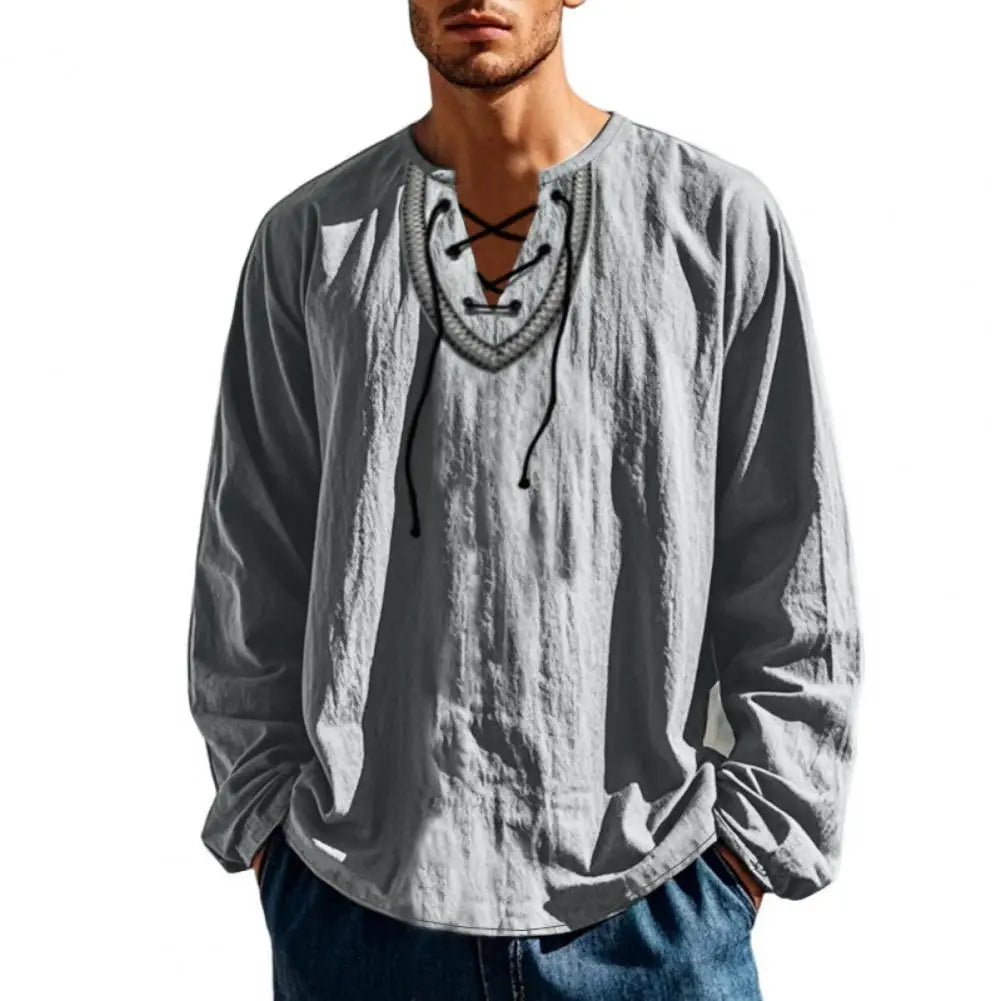 Men Causal Shirt Vintage Ethnic Boho Spring Lace-up V Neck Long Sleeves Shirt Fall Breathable Cotton Men Sweatshirt Retro Top