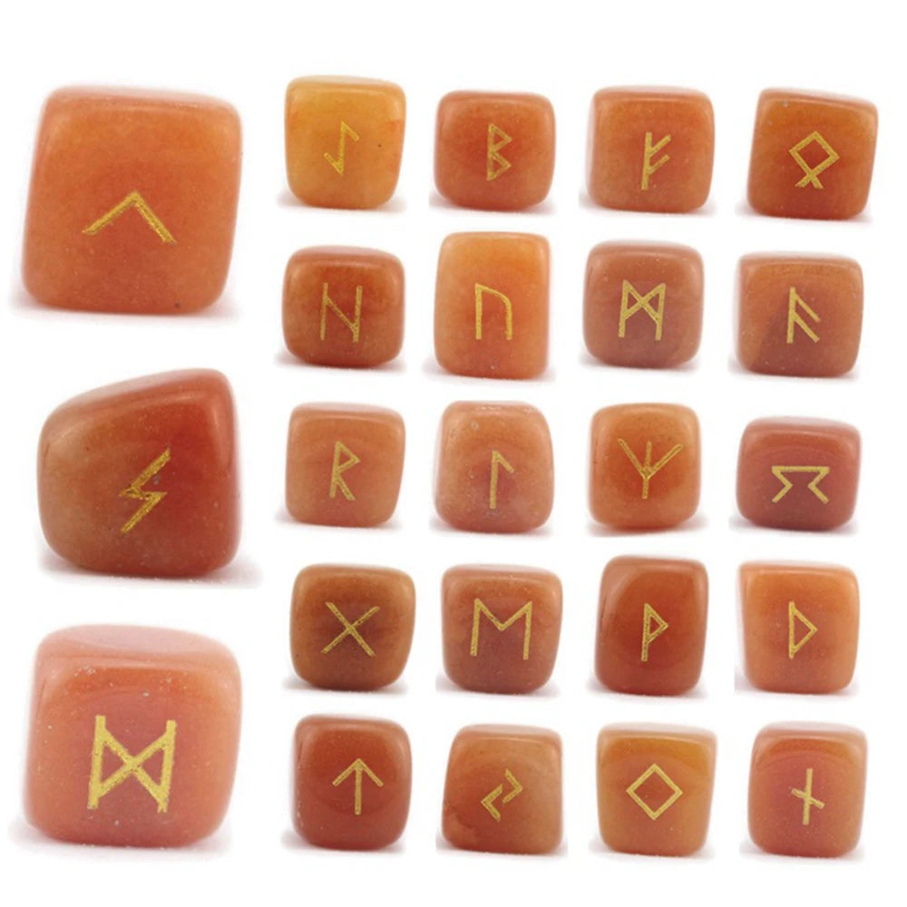 25Pcs Ancient Mystery Runes Gemstone Ornaments Futhark Futhorc Symbol Raw Crystal Agate Quartz Reiki Energy Stone Jewelry Sets