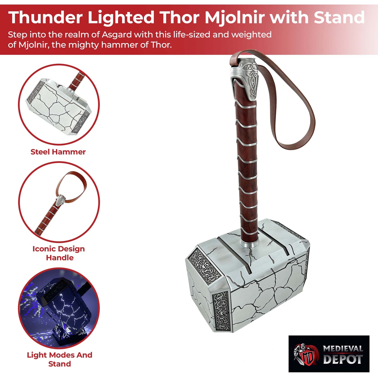 Summon the Thunder Lighted Thor Mjolnir Replica with Stand