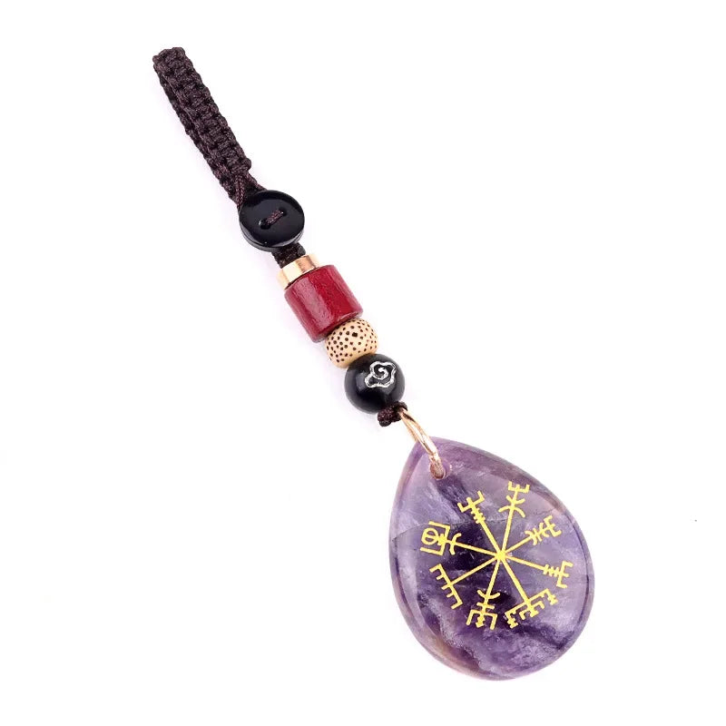 Natural Semi-precious Stone Amethyst Quartz Viking Rune Talsman Symbols Teardrop Pendant Car Keychain Bag Jewelry Accessories