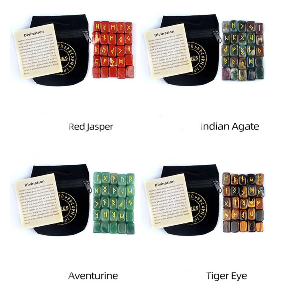 Natural Crystal Agate Rune Stones Set Engraved Elder Futhark Viking Alphabet Runes Gemstone Chakra Balancing Divination 25Pcs