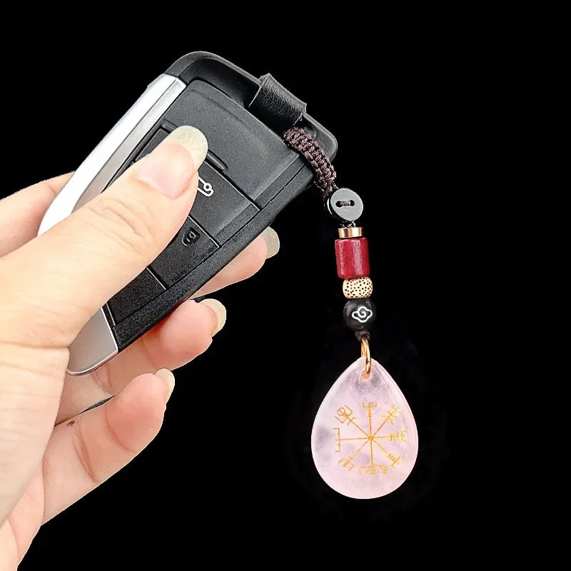 Natural Semi-precious Stone Amethyst Quartz Viking Rune Talsman Symbols Teardrop Pendant Car Keychain Bag Jewelry Accessories