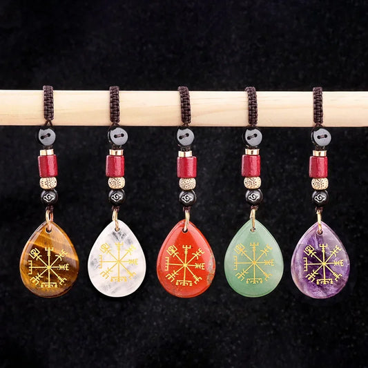 Natural Semi-precious Stone Amethyst Quartz Viking Rune Talsman Symbols Teardrop Pendant Car Keychain Bag Jewelry Accessories