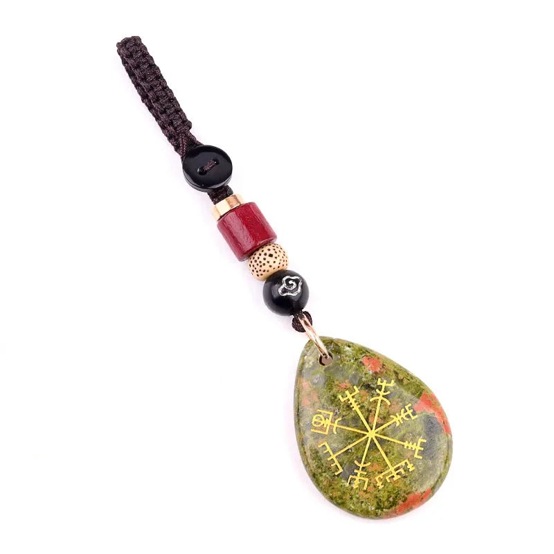 Natural Semi-precious Stone Amethyst Quartz Viking Rune Talsman Symbols Teardrop Pendant Car Keychain Bag Jewelry Accessories