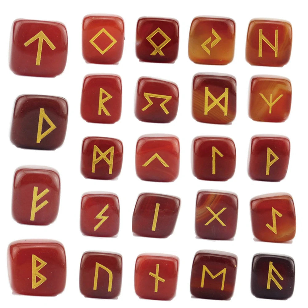 25Pcs Ancient Mystery Runes Gemstone Ornaments Futhark Futhorc Symbol Raw Crystal Agate Quartz Reiki Energy Stone Jewelry Sets