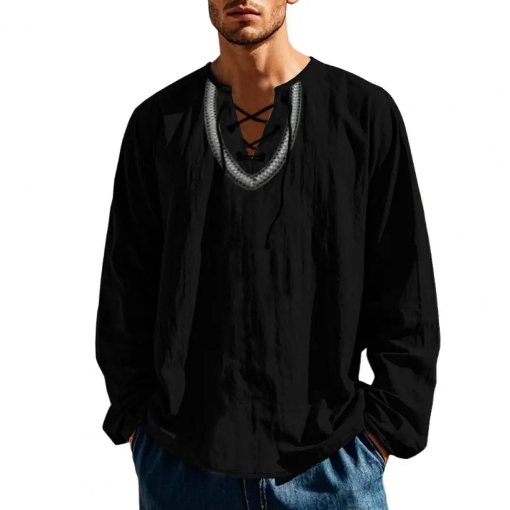 Men Causal Shirt Vintage Ethnic Boho Spring Lace-up V Neck Long Sleeves Shirt Fall Breathable Cotton Men Sweatshirt Retro Top
