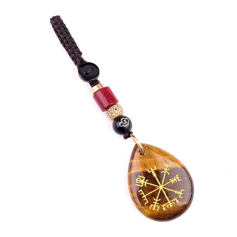 Natural Semi-precious Stone Amethyst Quartz Viking Rune Talsman Symbols Teardrop Pendant Car Keychain Bag Jewelry Accessories