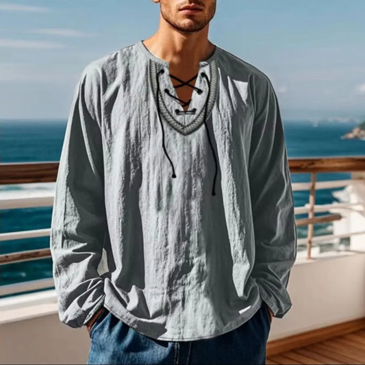 Men Causal Shirt Vintage Ethnic Boho Spring Lace-up V Neck Long Sleeves Shirt Fall Breathable Cotton Men Sweatshirt Retro Top