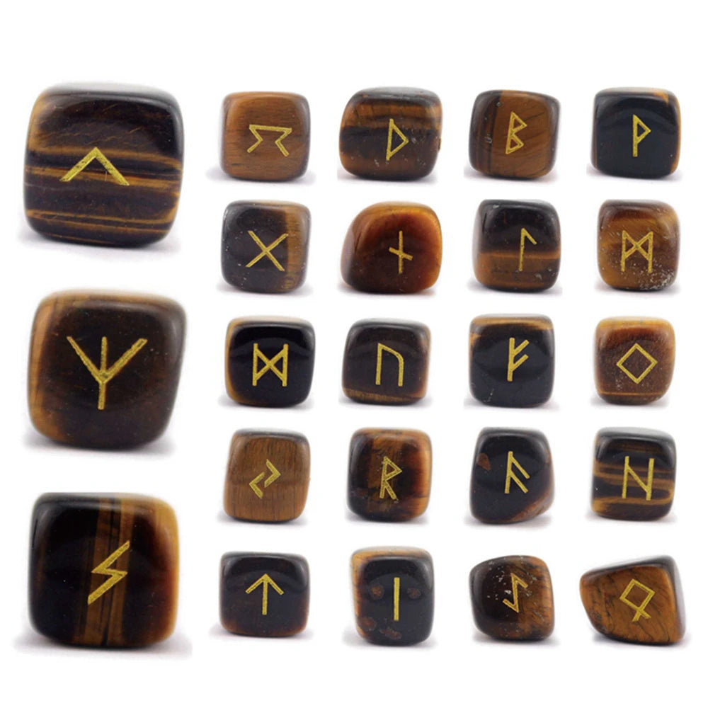 25Pcs Ancient Mystery Runes Gemstone Ornaments Futhark Futhorc Symbol Raw Crystal Agate Quartz Reiki Energy Stone Jewelry Sets