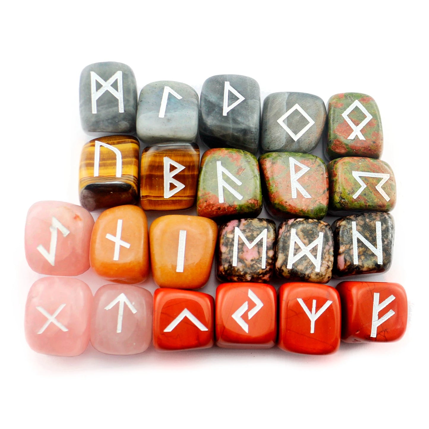 25Pcs Ancient Mystery Runes Gemstone Ornaments Futhark Futhorc Symbol Raw Crystal Agate Quartz Reiki Energy Stone Jewelry Sets