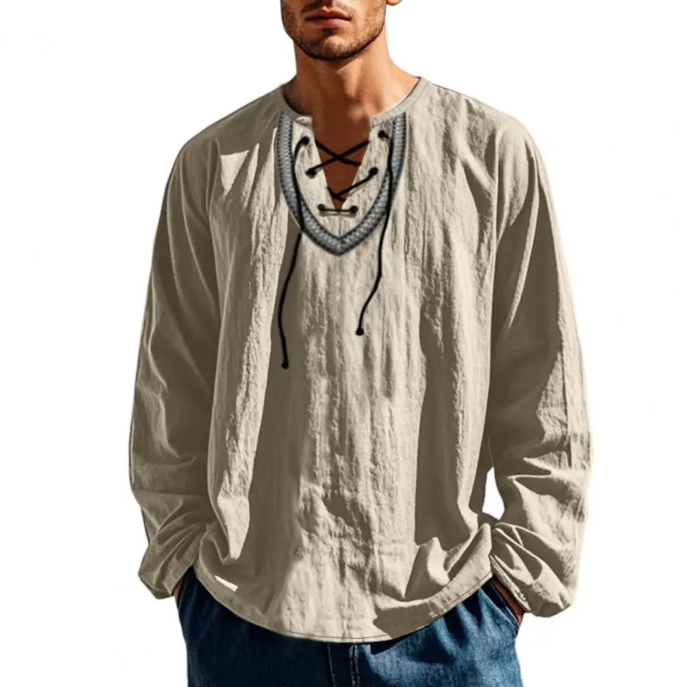 Men Causal Shirt Vintage Ethnic Boho Spring Lace-up V Neck Long Sleeves Shirt Fall Breathable Cotton Men Sweatshirt Retro Top