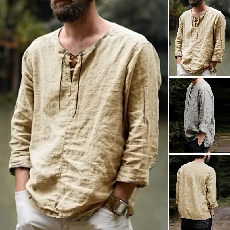 spring 2023 New Men's Cotton Linen T shirt Male Solid Color V Neck bandage T shirts Casual Long Sleeves Linen tshirt Tops S-4XL